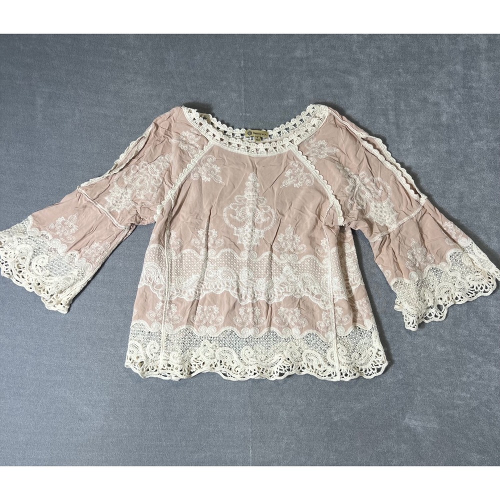 Democracy Pink Embroidered Cold Shoulder Bell Sleeve Lace Blouse Small